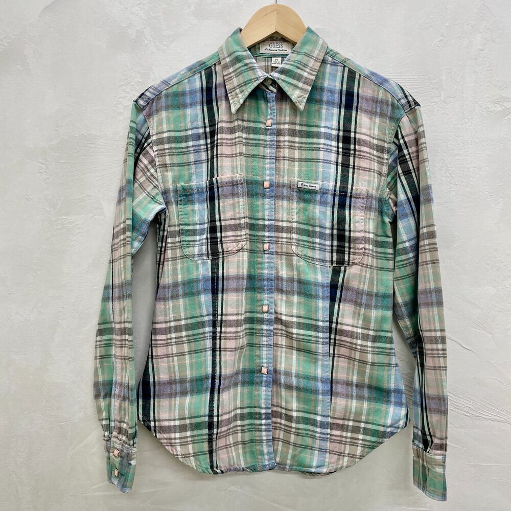 Vintage Guess Plaid Western Shirt Medium Womens Guess Snaps Button Down Shirt M